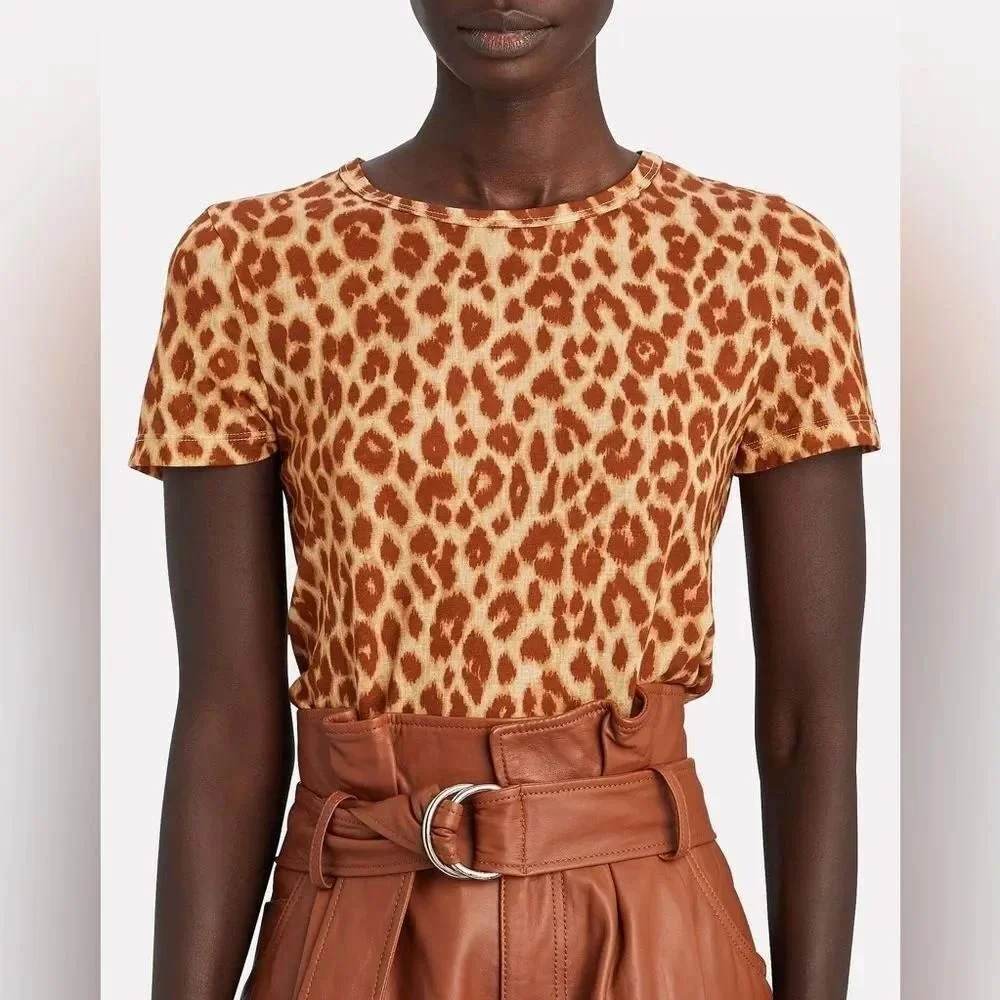 A.L.C. Leopard Print Cotton T-Shirt Brown Tan Animal Print Crew Neck XS Made USA